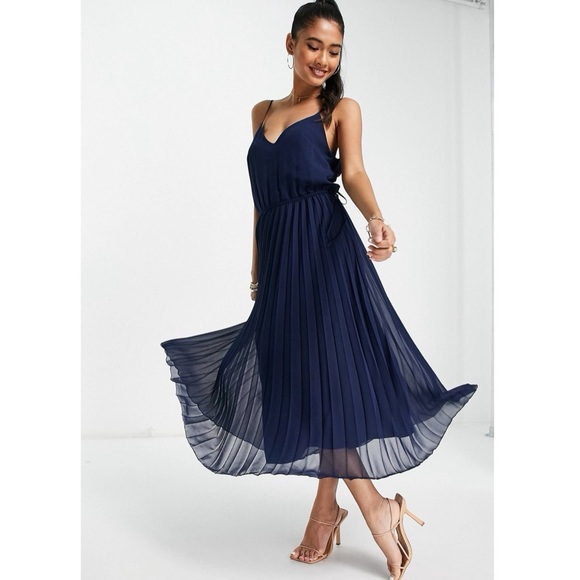 ASOS DESIGN Pleated Cami Midi Dress with Drawstring Waist in Navy - Picture 2 of 5